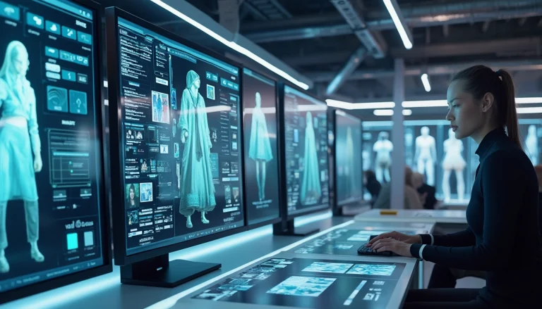 A futuristic fashion design studio where AI-driven screens and tools are used for real-time garment creation and trend analysis.